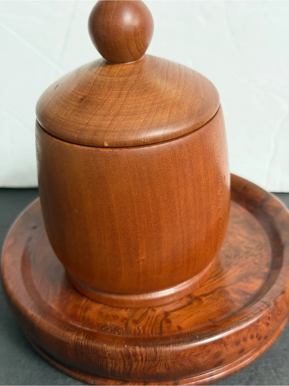 Set of Two Turned Wooden Canisters with Lids - Rich Brown